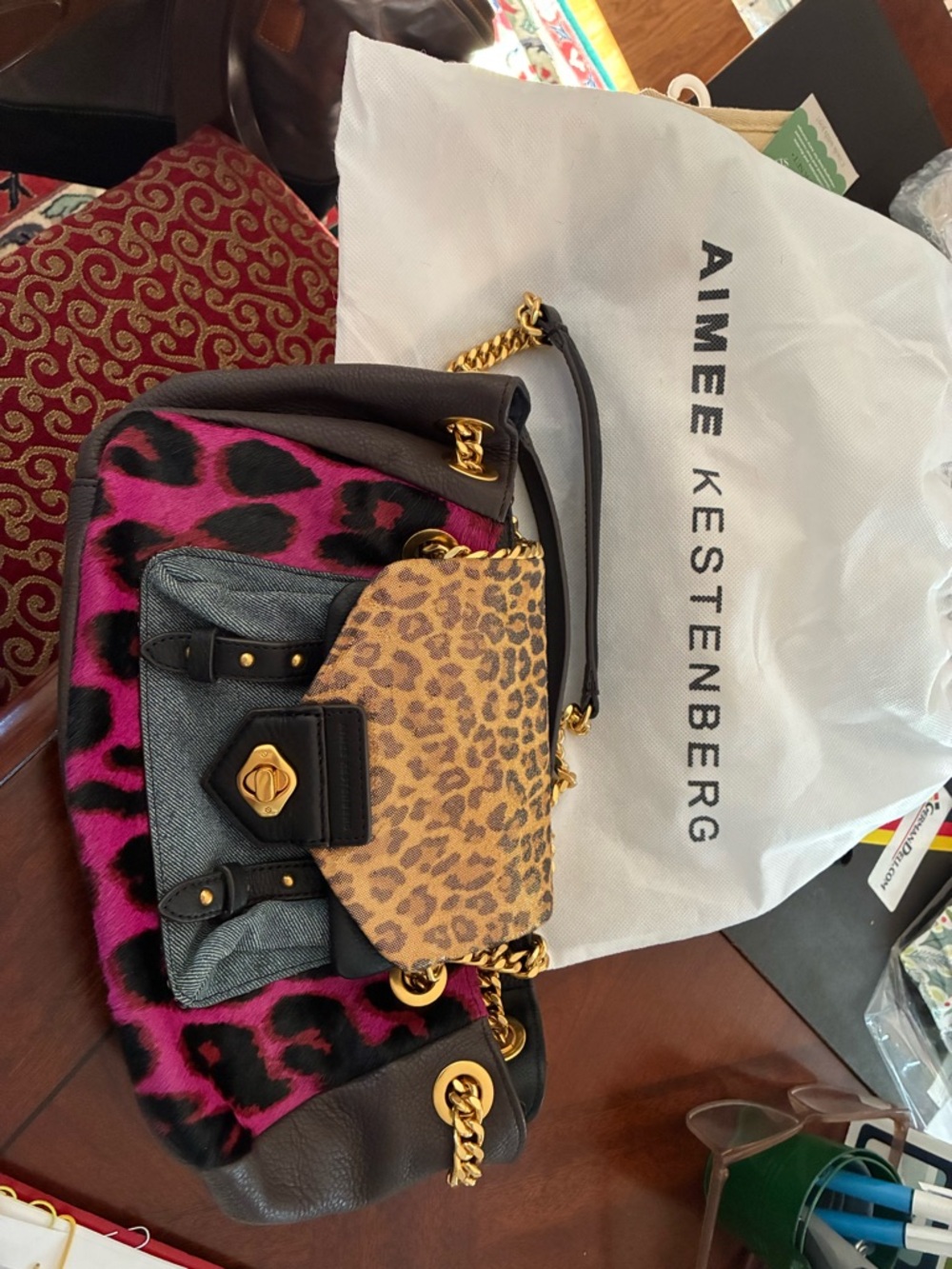 Aimee Kestenberg Pink, Tan & Black Leopard Patchwork Shoulder Bag